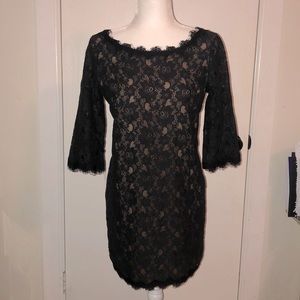 Black Lace low v back dress with tan underlay
